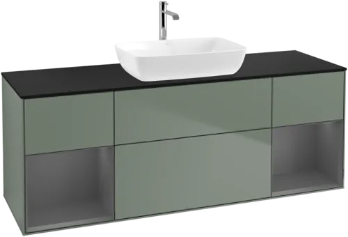 VILLEROY BOCH Toaletní skříňka Finion, s osvětlením, 4 výsuvy, 1600 x 603 x 501 mm, olivový matný lak / antracitový matný lak / černé matné sklo #F862GKGM, obrázek 1