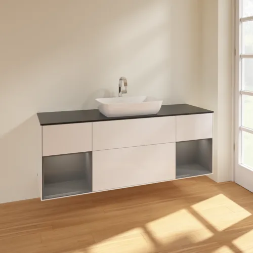 VILLEROY BOCH Toaletní skříňka Finion, s osvětlením, 4 výsuvy, 1600 x 603 x 501 mm, lesklý bílý lak / antracitový matný lak / černé matné sklo #F862GKGF, obrázek 2