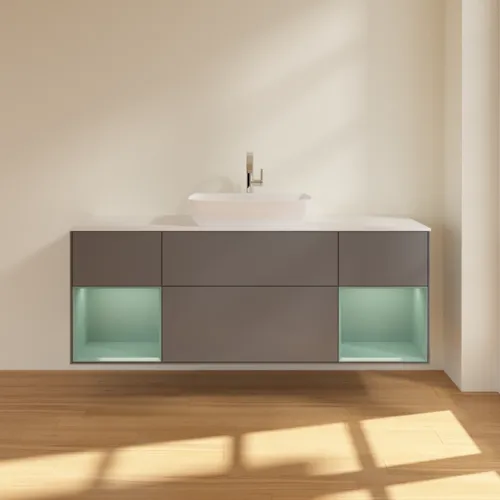 VILLEROY BOCH Toaletní skříňka Finion, s osvětlením, 4 výsuvy, 1600 x 603 x 501 mm, antracitový matný lak / olivový matný lak / bílé matné sklo #F861GMGK, obrázek 3