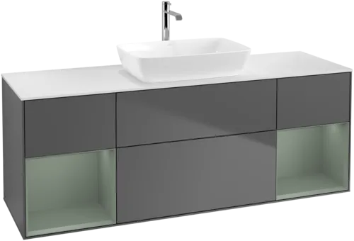VILLEROY BOCH Toaletní skříňka Finion, s osvětlením, 4 výsuvy, 1600 x 603 x 501 mm, antracitový matný lak / olivový matný lak / bílé matné sklo #F861GMGK, obrázek 1
