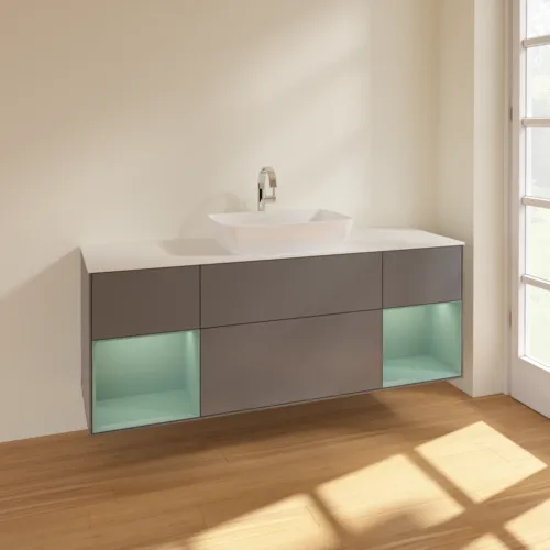VILLEROY BOCH Toaletní skříňka Finion, s osvětlením, 4 výsuvy, 1600 x 603 x 501 mm, antracitový matný lak / olivový matný lak / bílé matné sklo #F861GMGK, obrázek 2