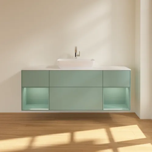VILLEROY BOCH Toaletní skříňka Finion, s osvětlením, 4 výsuvy, 1600 x 603 x 501 mm, olivově matný lak / olivově matný lak / sklo bílé matné #F861GMGM, obrázek 3