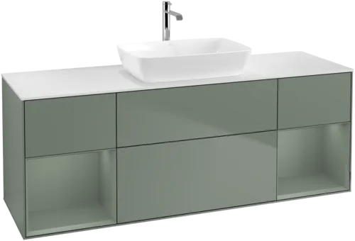 VILLEROY BOCH Toaletní skříňka Finion, s osvětlením, 4 výsuvy, 1600 x 603 x 501 mm, olivově matný lak / olivově matný lak / sklo bílé matné #F861GMGM, obrázek 1