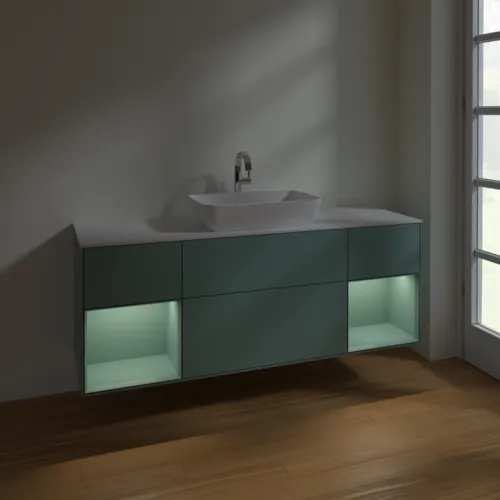 VILLEROY BOCH Toaletní skříňka Finion, s osvětlením, 4 výsuvy, 1600 x 603 x 501 mm, olivově matný lak / olivově matný lak / sklo bílé matné #F861GMGM, obrázek 5