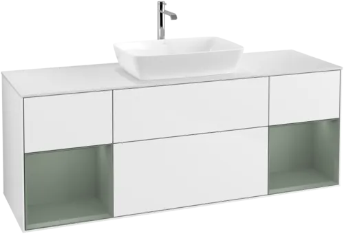 VILLEROY BOCH Toaletní skříňka Finion, s osvětlením, 4 výsuvy, 1600 x 603 x 501 mm, lesklý bílý lak / olivově matný lak / sklo bílé matné #F861GMGF, obrázek 1