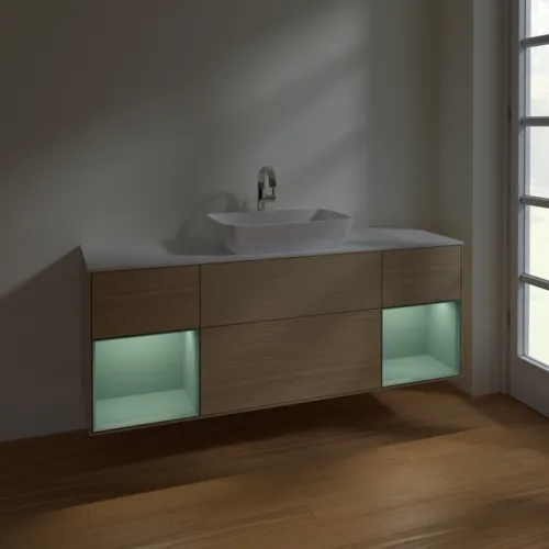 VILLEROY BOCH Toaletní skříňka Finion, s osvětlením, 4 výsuvy, 1600 x 603 x 501 mm, dubová dýha / olivový matný lak / sklo bílé matné #F861GMPC, obrázek 5
