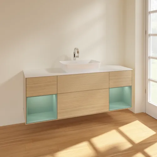 VILLEROY BOCH Toaletní skříňka Finion, s osvětlením, 4 výsuvy, 1600 x 603 x 501 mm, dubová dýha / olivový matný lak / sklo bílé matné #F861GMPC, obrázek 2