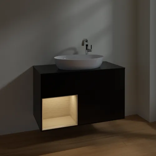 VILLEROY BOCH Toaletní skříňka Finion, s osvětlením, 2 výsuvy, 1000 x 603 x 501 mm, černý matný lak / dubová dýha / černé matné sklo #F892PCPD, obrázek 5