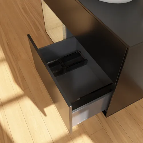 VILLEROY BOCH Toaletní skříňka Finion, s osvětlením, 2 výsuvy, 1000 x 603 x 501 mm, černý matný lak / dubová dýha / černé matné sklo #F892PCPD, obrázek 7