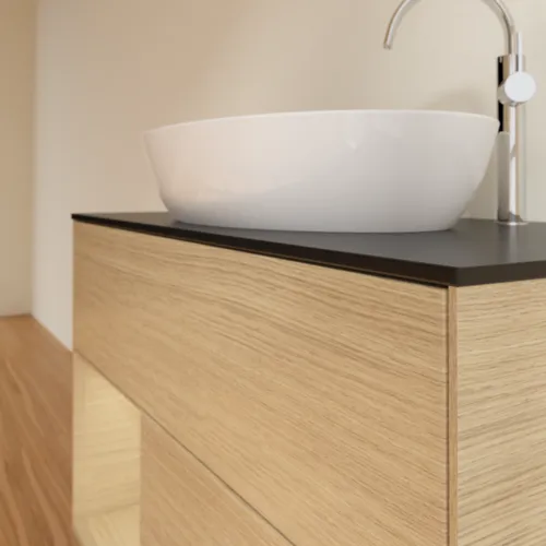 VILLEROY BOCH Toaletní stolek Finion, s osvětlením, 2 výsuvy, 1000 x 603 x 501 mm, dubová dýha / dubová dýha / sklo černé matné #F892PCPC, obrázek 6