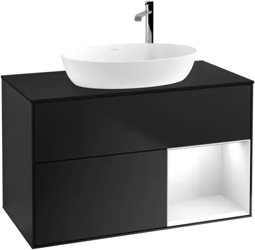 VILLEROY BOCH Umyvadlová skříňka Finion, s osvětlením, 2 výsuvy, 1000 x 603 x 501 mm, černý matný lak / lesklý bílý lak / černé matné sklo #F902GFPD, obrázek 1