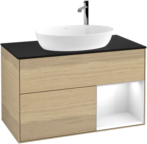 VILLEROY BOCH Toaletní skříňka Finion, s osvětlením, 2 výsuvy, 1000 x 603 x 501 mm, dubová dýha / lesklý bílý lak / černé matné sklo #F902GFPC