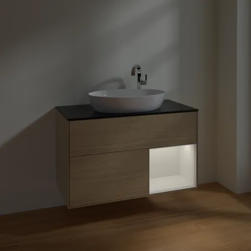 VILLEROY BOCH Toaletní skříňka Finion, s osvětlením, 2 výsuvy, 1000 x 603 x 501 mm, dubová dýha / lesklý bílý lak / černé matné sklo #F902GFPC, obrázek 4