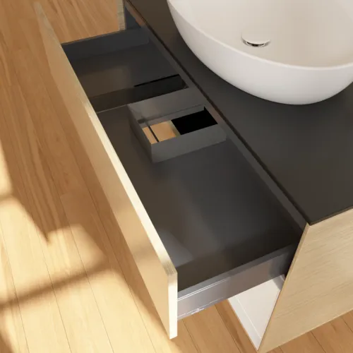 VILLEROY BOCH Toaletní skříňka Finion, s osvětlením, 2 výsuvy, 1000 x 603 x 501 mm, dubová dýha / lesklý bílý lak / černé matné sklo #F902GFPC, obrázek 6