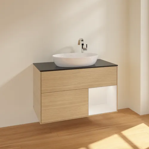VILLEROY BOCH Toaletní skříňka Finion, s osvětlením, 2 výsuvy, 1000 x 603 x 501 mm, dubová dýha / lesklý bílý lak / černé matné sklo #F902GFPC, obrázek 2