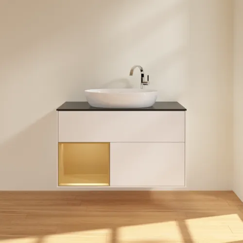 VILLEROY BOCH Toaletní skříňka Finion, s osvětlením, 2 výsuvy, 1000 x 603 x 501 mm, bílý matný lak / zlatý matný lak / černé matné sklo #F892HFMT, obrázek 3
