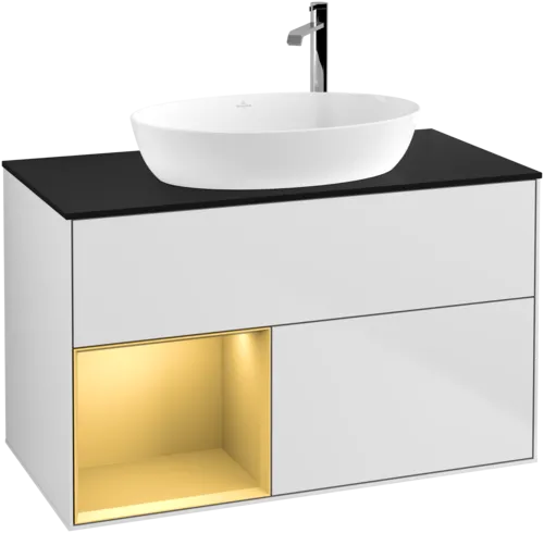 VILLEROY BOCH Toaletní skříňka Finion, s osvětlením, 2 výsuvy, 1000 x 603 x 501 mm, bílý matný lak / zlatý matný lak / černé matné sklo #F892HFMT, obrázek 1