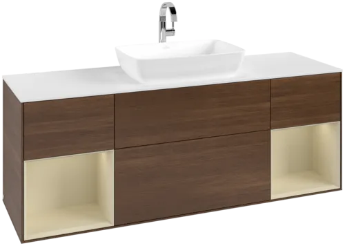 VILLEROY BOCH Toaletní skříňka Finion, s osvětlením, 4 výsuvy, 1600 x 603 x 501 mm, ořechová dýha / hedvábně šedý matný lak / sklo bílé matné #F861HJGN