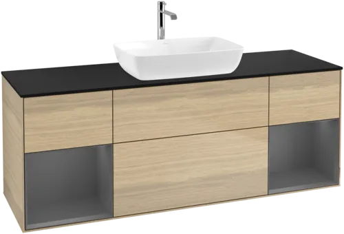 VILLEROY BOCH Toaletní skříňka Finion, s osvětlením, 4 výsuvy, 1600 x 603 x 501 mm, dubová dýha / antracitový matný lak / černé matné sklo #F862GKPC