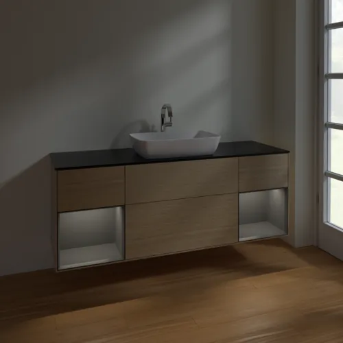 VILLEROY BOCH Toaletní skříňka Finion, s osvětlením, 4 výsuvy, 1600 x 603 x 501 mm, dubová dýha / antracitový matný lak / černé matné sklo #F862GKPC, obrázek 5