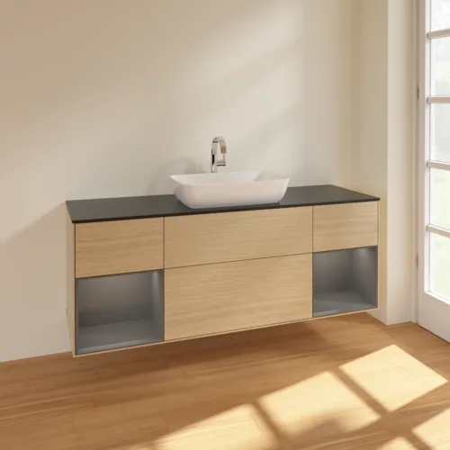 VILLEROY BOCH Toaletní skříňka Finion, s osvětlením, 4 výsuvy, 1600 x 603 x 501 mm, dubová dýha / antracitový matný lak / černé matné sklo #F862GKPC, obrázek 2