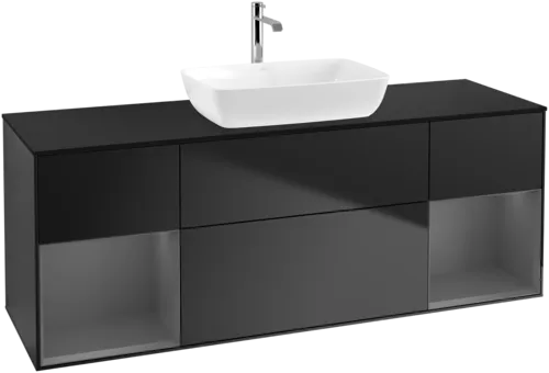 VILLEROY BOCH Toaletní skříňka Finion, s osvětlením, 4 výsuvy, 1600 x 603 x 501 mm, černý matný lak / antracitový matný lak / černé matné sklo #F862GKPD