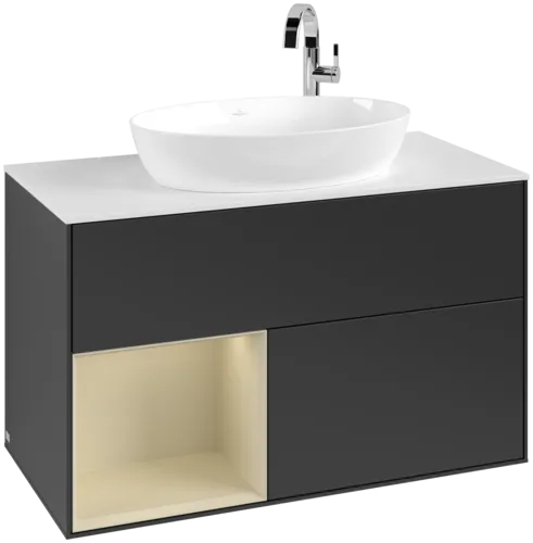 VILLEROY BOCH Toaletní skříňka Finion, s osvětlením, 2 výsuvy, 1000 x 603 x 501 mm, černý matný lak / hedvábně šedý matný lak / bílé matné sklo #F891HJPD