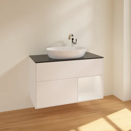 VILLEROY BOCH Umyvadlová skříňka Finion, s osvětlením, 2 výsuvy, 1000 x 603 x 501 mm, bílý matný lak / bílý lesklý lak / černé matné sklo #F902GFMT, obrázek 2