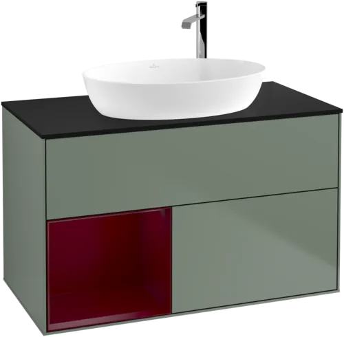 VILLEROY BOCH Toaletní skříňka Finion, s osvětlením, 2 výsuvy, 1000 x 603 x 501 mm, olivový matný lak / pivoňkový matný lak / černé matné sklo #F892HBGM