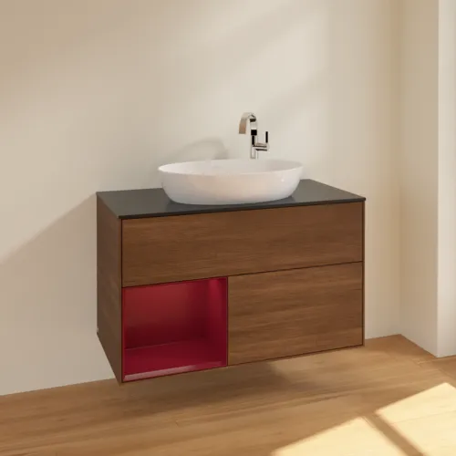 VILLEROY BOCH Toaletní skříňka Finion, s osvětlením, 2 výsuvy, 1000 x 603 x 501 mm, ořechová dýha / matný lak Pivoňka / černé matné sklo #F892HBGN, obrázek 2