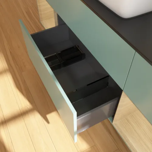 VILLEROY BOCH Toaletní skříňka Finion, s osvětlením, 4 výsuvy, 1600 x 603 x 501 mm, olivový matný lak / dubová dýha / sklo černé matné #F862PCGM, obrázek 7