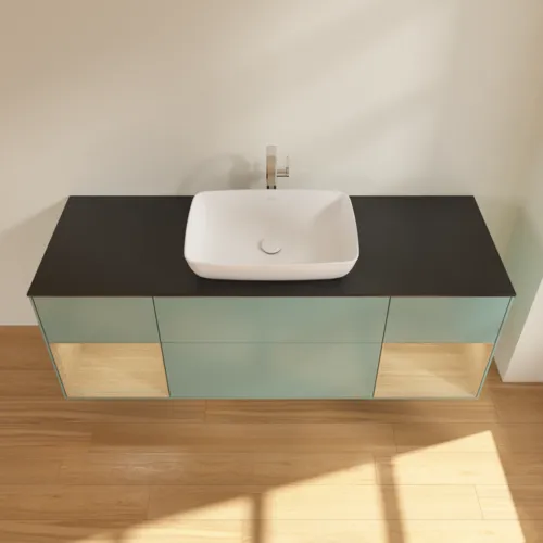 VILLEROY BOCH Toaletní skříňka Finion, s osvětlením, 4 výsuvy, 1600 x 603 x 501 mm, olivový matný lak / dubová dýha / sklo černé matné #F862PCGM, obrázek 4