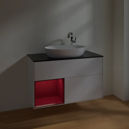 VILLEROY BOCH Toaletní skříňka Finion, s osvětlením, 2 výsuvy, 1000 x 603 x 501 mm, lesklý bílý lak / matný lak Pivoňka / matné černé sklo #F892HBGF, obrázek 5