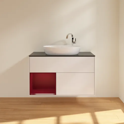 VILLEROY BOCH Toaletní skříňka Finion, s osvětlením, 2 výsuvy, 1000 x 603 x 501 mm, lesklý bílý lak / matný lak Pivoňka / matné černé sklo #F892HBGF, obrázek 3