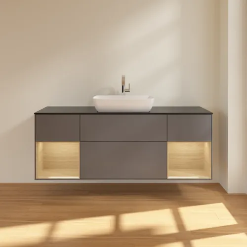 VILLEROY BOCH Toaletní skříňka Finion, s osvětlením, 4 výsuvy, 1600 x 603 x 501 mm, antracitový matný lak / dubová dýha / černé matné sklo #F862PCGK, obrázek 3