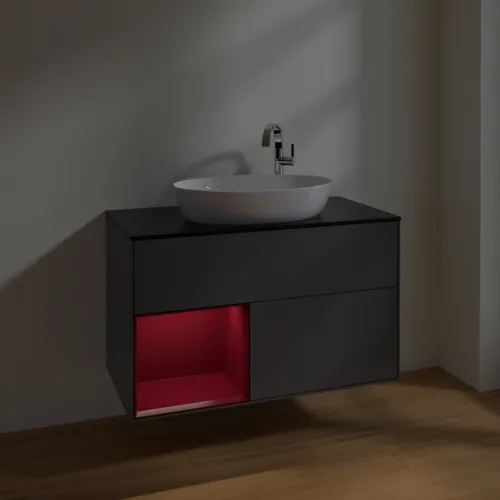VILLEROY BOCH Toaletní skříňka Finion, s osvětlením, 2 výsuvy, 1000 x 603 x 501 mm, antracitový matný lak / pivoňkový matný lak / černé matné sklo #F892HBGK, obrázek 5