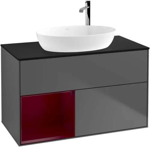 VILLEROY BOCH Toaletní skříňka Finion, s osvětlením, 2 výsuvy, 1000 x 603 x 501 mm, antracitový matný lak / pivoňkový matný lak / černé matné sklo #F892HBGK, obrázek 1