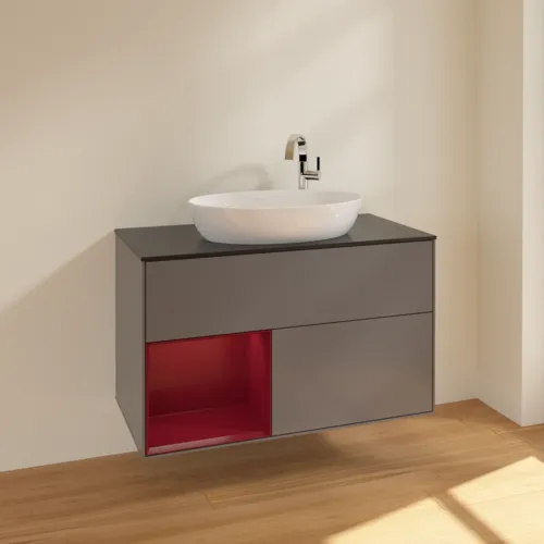VILLEROY BOCH Toaletní skříňka Finion, s osvětlením, 2 výsuvy, 1000 x 603 x 501 mm, antracitový matný lak / pivoňkový matný lak / černé matné sklo #F892HBGK, obrázek 2