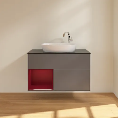 VILLEROY BOCH Toaletní skříňka Finion, s osvětlením, 2 výsuvy, 1000 x 603 x 501 mm, antracitový matný lak / pivoňkový matný lak / černé matné sklo #F892HBGK, obrázek 3