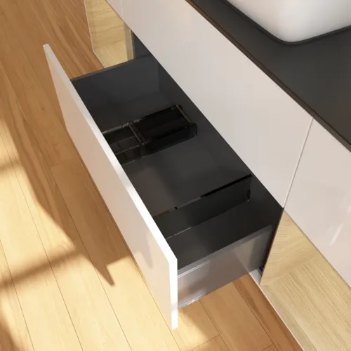 VILLEROY BOCH Toaletní skříňka Finion, s osvětlením, 4 výsuvy, 1600 x 603 x 501 mm, lesklý bílý lak / dubová dýha / černé matné sklo #F862PCGF, obrázek 7