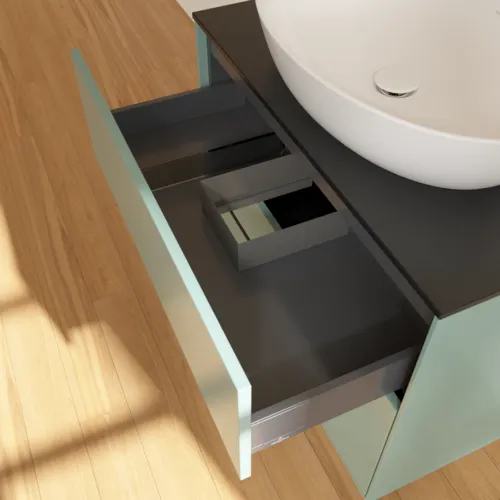VILLEROY BOCH Toaletní skříňka Finion, 2 výsuvy, 800 x 603 x 501 mm, olivově matný lak / sklo černé matné #F87200GM, obrázek 7