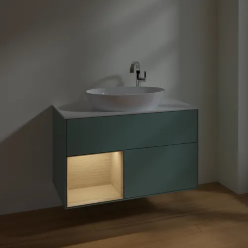 VILLEROY BOCH Toaletní skříňka Finion, s osvětlením, 2 výsuvy, 1000 x 603 x 501 mm, olivový matný lak / dubová dýha / sklo bílé matné #F891PCGM, obrázek 5