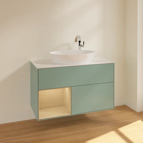VILLEROY BOCH Toaletní skříňka Finion, s osvětlením, 2 výsuvy, 1000 x 603 x 501 mm, olivový matný lak / dubová dýha / sklo bílé matné #F891PCGM, obrázek 2