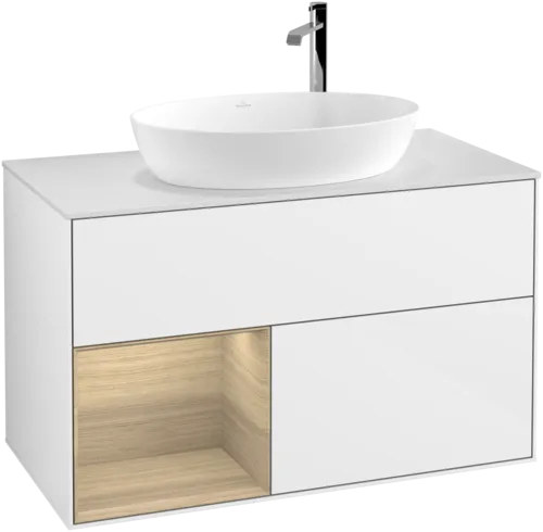 VILLEROY BOCH Toaletní skříňka Finion, s osvětlením, 2 výsuvy, 1000 x 603 x 501 mm, lesklý bílý lak / dubová dýha / sklo bílé matné #F891PCGF, obrázek 1