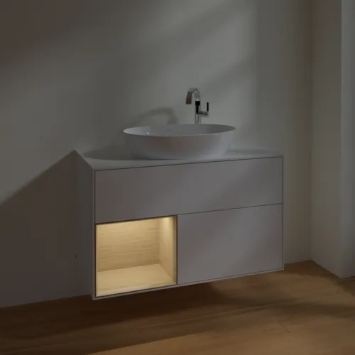 VILLEROY BOCH Toaletní skříňka Finion, s osvětlením, 2 výsuvy, 1000 x 603 x 501 mm, lesklý bílý lak / dubová dýha / sklo bílé matné #F891PCGF, obrázek 5
