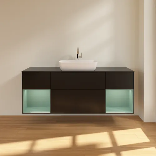 VILLEROY BOCH Toaletní skříňka Finion, s osvětlením, 4 výsuvy, 1600 x 603 x 501 mm, černý matný lak / olivový matný lak / černé matné sklo #F862GMPD, obrázek 3