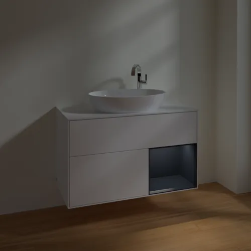 VILLEROY BOCH Toaletní skříňka Finion, s osvětlením, 2 výsuvy, 1000 x 603 x 501 mm, bílý matný lak / půlnoční modrý matný lak / bílé matné sklo #F901HGMT, obrázek 4