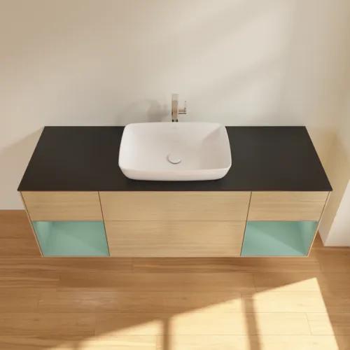 VILLEROY BOCH Toaletní skříňka Finion, s osvětlením, 4 výsuvy, 1600 x 603 x 501 mm, dubová dýha / olivově matný lak / sklo černé matné #F862GMPC, obrázek 4