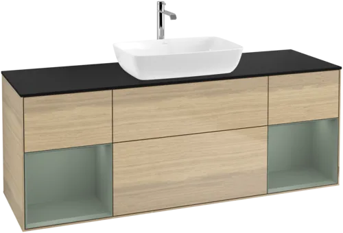 VILLEROY BOCH Toaletní skříňka Finion, s osvětlením, 4 výsuvy, 1600 x 603 x 501 mm, dubová dýha / olivově matný lak / sklo černé matné #F862GMPC, obrázek 1