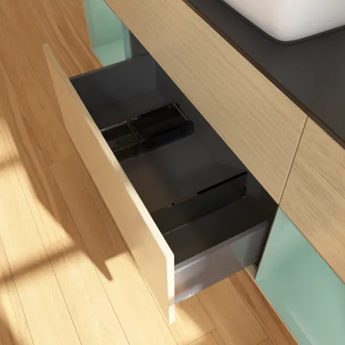 VILLEROY BOCH Toaletní skříňka Finion, s osvětlením, 4 výsuvy, 1600 x 603 x 501 mm, dubová dýha / olivově matný lak / sklo černé matné #F862GMPC, obrázek 7